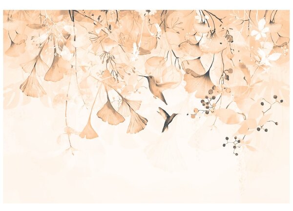 Carta da parati – Foglie con Colibrì in Tonalità Peach Fuzz