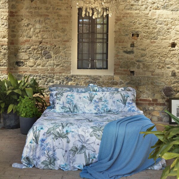 Completo Lenzuola In Raso Di Cotone Proust's Orchid Matrimoniale - 250X290 175X205 + 2 Federe 50X80 Mirabello Floreale Avio Caleffi