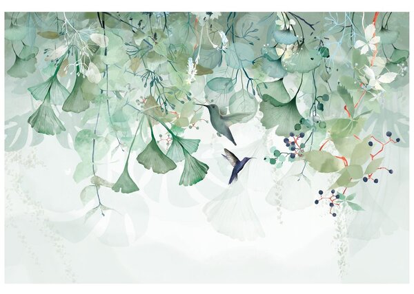 Carta da parati autoadesiva – Foglie verdi con colibrì