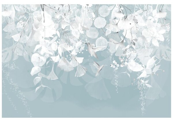 Carta da parati – Foglie con Colibrì in Blu-Grigio