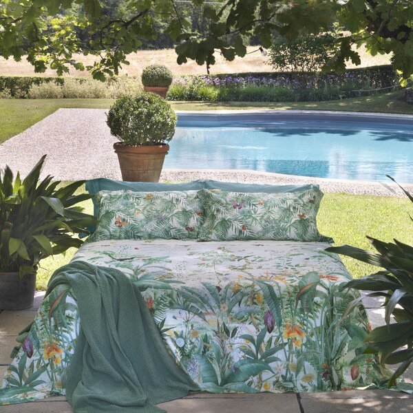 Completo Lenzuola In Raso Di Cotone Green Paradise Matrimoniale - 250X290 175X205 + 2 Federe 50X80 Mirabello Floreale Verde Caleffi