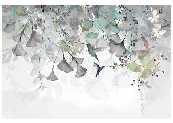 Carta da parati – Foglie con Colibrì in Verde-Grigio