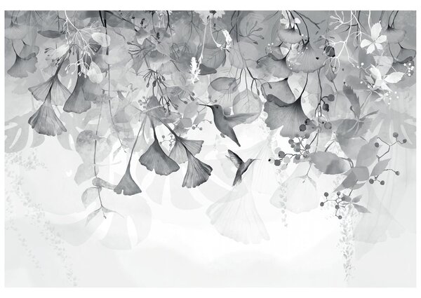 Carta da parati – Foglie con Colibrì in Bianco e Nero