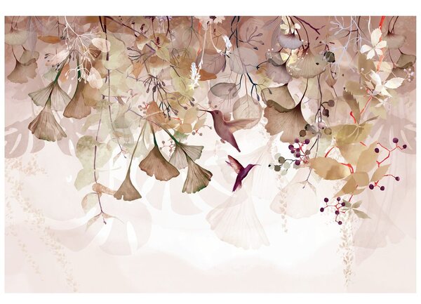 Carta da parati – Foglie con Colibrì in Marrone-Rosa