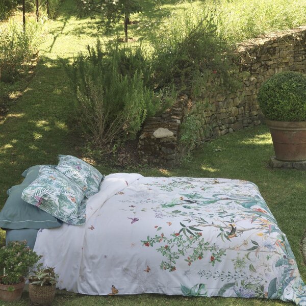 Completo Copripiumino In Raso Di Cotone Green Paradise Matrimoniale - 255X255 175X205 + 2 Federe 50X80 Mirabello Floreale Verde Caleffi