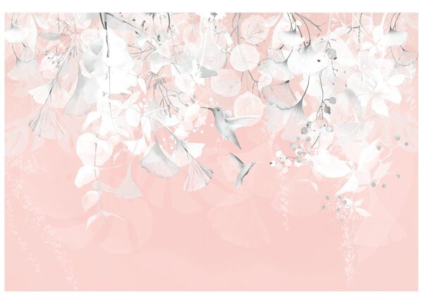 Carta da parati – Foglie con Colibrì in Rosa-Grigio