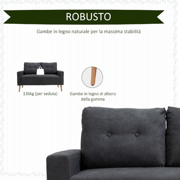 DecHome Divano 2 Posti Scandinavo in Tessuto Dimensioni 145x76x88 cm colore Grigio Scuro