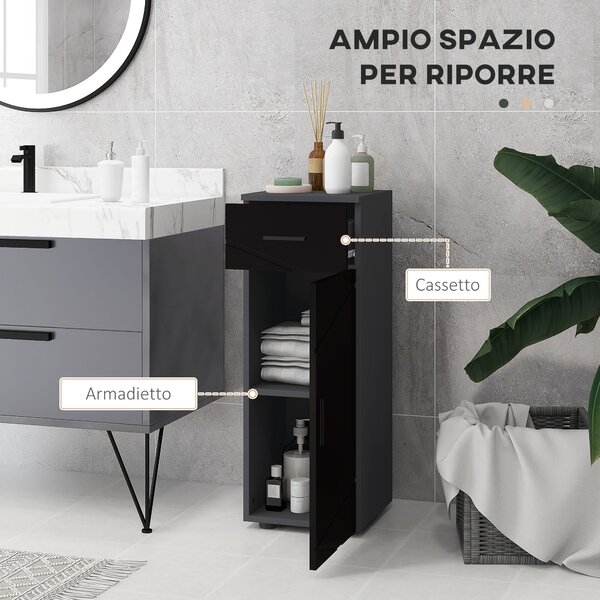 Kleankin Mobiletto Bagno in Truciolato con Cassetto e Armadietto a 2 Livelli Regolabili, 30x30x82 cm, Nero e Grigio|Aosom