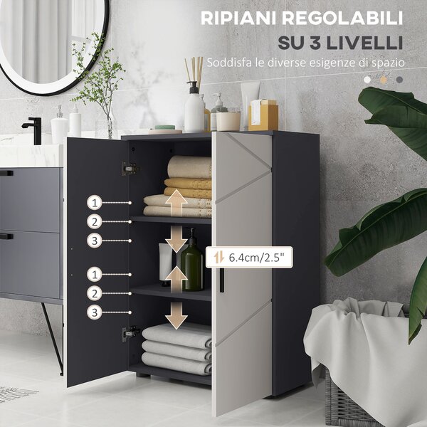 Kleankin Mobiletto Bagno 2 Ante in Legno con 3 Ripiani e Chiusura Ammortizzata, 60x30x82cm, Grigio|Aosom