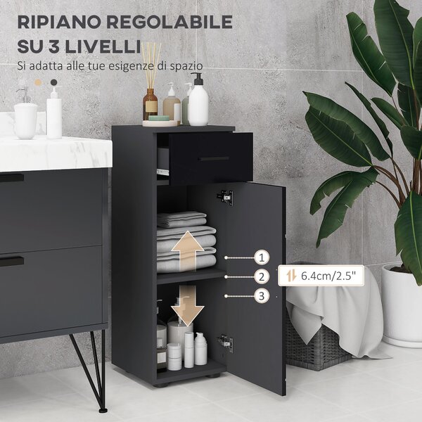 Kleankin Mobiletto Bagno in Truciolato con Cassetto e Armadietto a 2 Livelli Regolabili, 30x30x82 cm, Nero e Grigio|Aosom