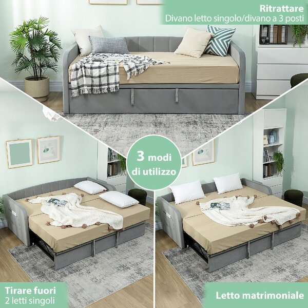 DecHome Divano Letto 3 Posti Moderno in Velluto Dimensioni 205x186x75 cm colore Grigio Chiaro