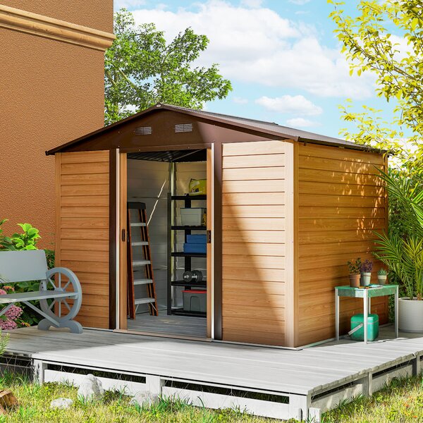 Outsunny Casetta da Giardino in Acciaio Effetto Legno e Doppie Porte Scorrevoli, 278x195x215 cm, Marrone | Aosom Italy