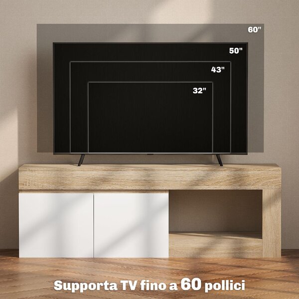 DecHome Mobile TV Moderno 2 Ante 1 Vano a Giorno Dimensioni 140x40x48 cm colore Bianco/Legno