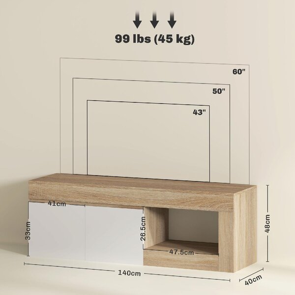 DecHome Mobile TV Moderno 2 Ante 1 Vano a Giorno Dimensioni 140x40x48 cm colore Bianco/Legno