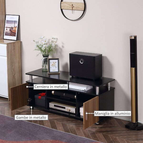 DecHome Mobile TV Moderno 2 Ante 2 Vani a Giorno in Legno e Alluminio Dimensioni 120x40x52,2 cm colore Legno/Nero