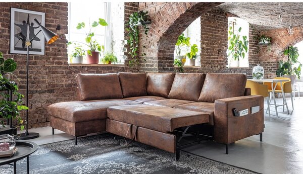 Divano letto angolare in similpelle marrone (angolo sinistro) Lofty Lilly - Miuform