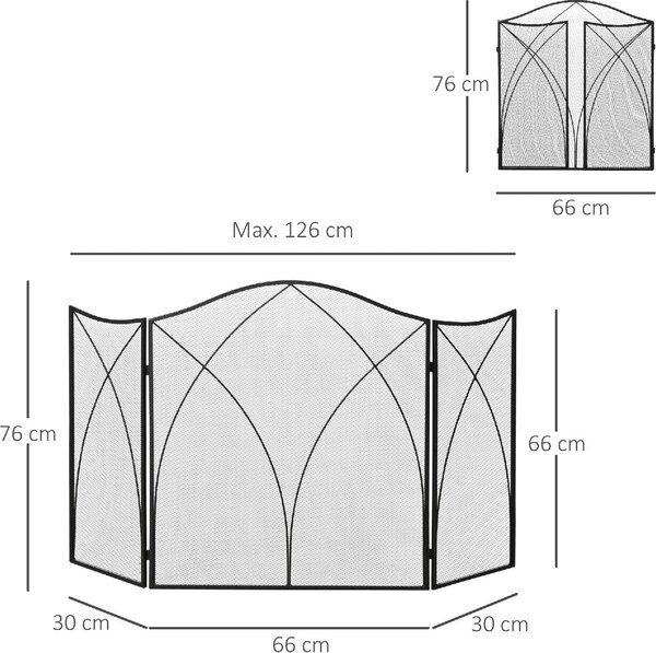 DecHome Parascintille Camino a 3 Parti Pieghevole in Metallo 126x2x76 cm colore Nero - 34263S500