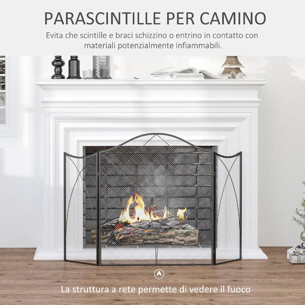 DecHome Parascintille Camino a 3 Parti Pieghevole in Metallo 126x2x76 cm colore Nero - 34263S500