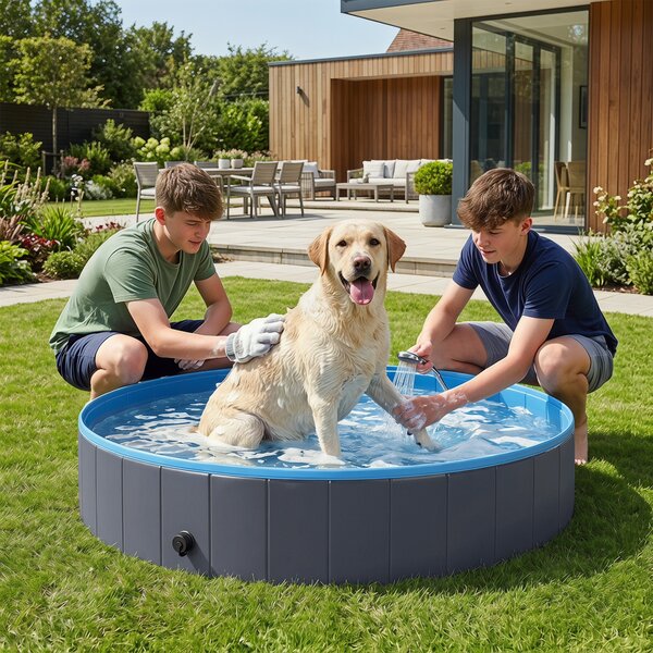 PawHut Piscina Pieghevole per Cani per Taglie Grandi e Extra Grandi, con Fondo Antiscivolo per Anatre, Interno ed Esterno, 160x30 cm, Blu e Grigio Scuro | Aosom Italy