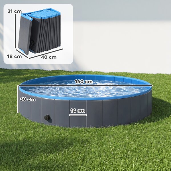 PawHut Piscina Pieghevole per Cani per Taglie Grandi e Extra Grandi, con Fondo Antiscivolo per Anatre, Interno ed Esterno, 160x30 cm, Blu e Grigio Scuro | Aosom Italy