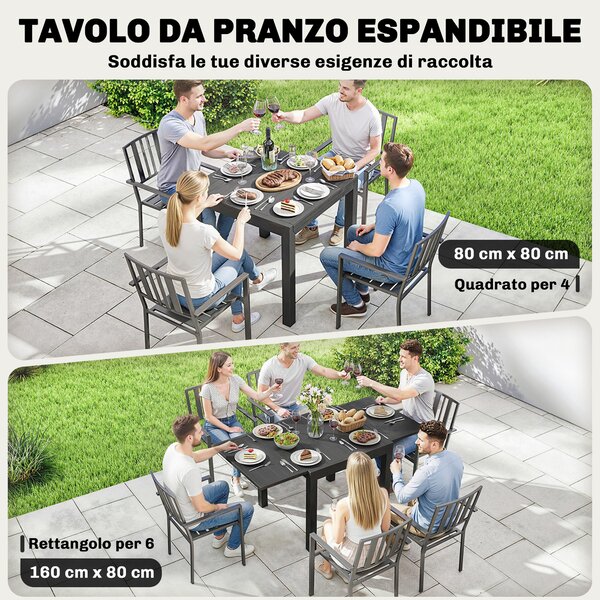 Outsunny Tavolo da Giardino a Doghe Allungabile per 4-6 Persone, in Alluminio, 80-160x80x75 cm, Nero | Aosom Italy