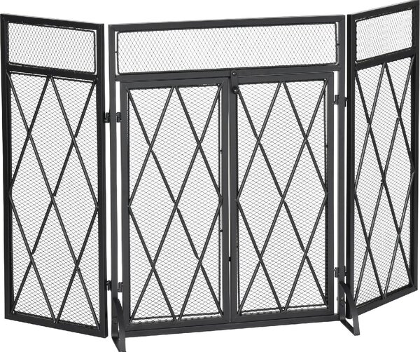 DecHome Parascintille per Camino in Metallo con 3 Pannelli Pieghevoli e 2 Porte 120x11.5x79cm Nero