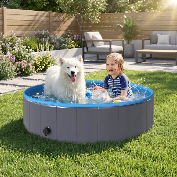 PawHut Piscina Pieghevole per Cani per Taglie Grandi e Medi, con Fondo Antiscivolo per Anatre, Interno ed Esterno, 120x30 cm, Blu e Grigio Scuro | Aosom Italy