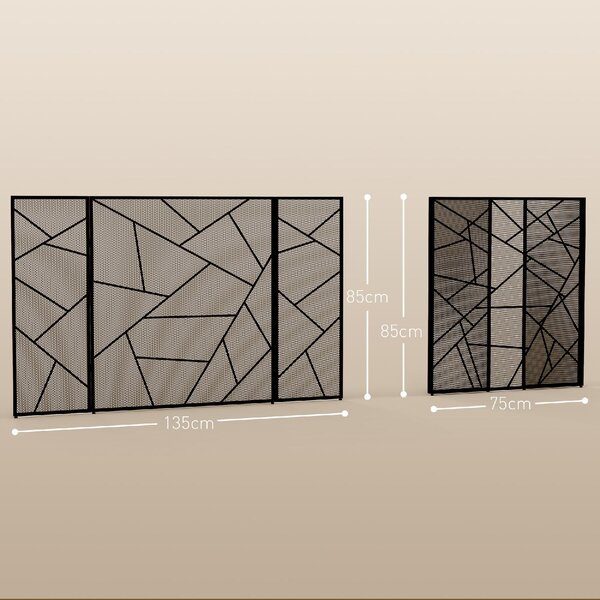 DecHome Parascintille per Camino Pieghevole a 3 Pannelli in Acciaio con Design Geometrico 135x1.2x85cm colore Nero - 520BKS501
