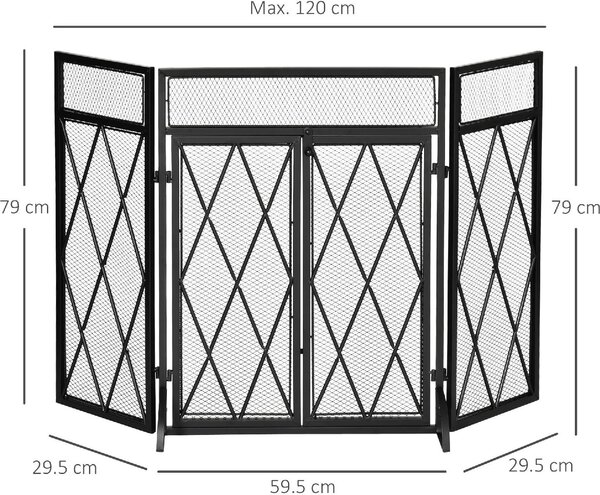 DecHome Parascintille per Camino in Metallo con 3 Pannelli Pieghevoli e 2 Porte 120x11.5x79cm Nero