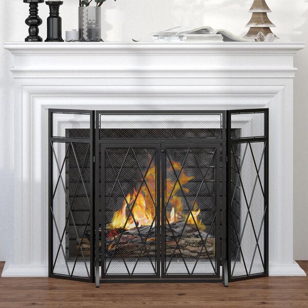 DecHome Parascintille per Camino in Metallo con 3 Pannelli Pieghevoli e 2 Porte 120x11.5x79cm Nero