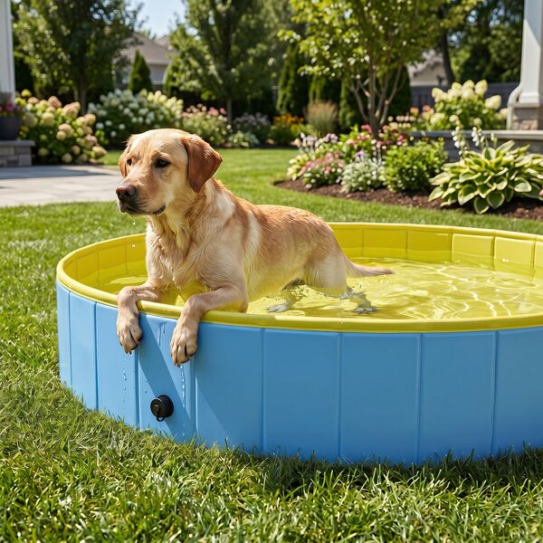 PawHut Piscina Pieghevole per Cani per Taglie Grandi e Extra Grandi, con Fondo Antiscivolo per Anatre, Interno ed Esterno, 160x30 cm, Blu e Giallo | Aosom Italy