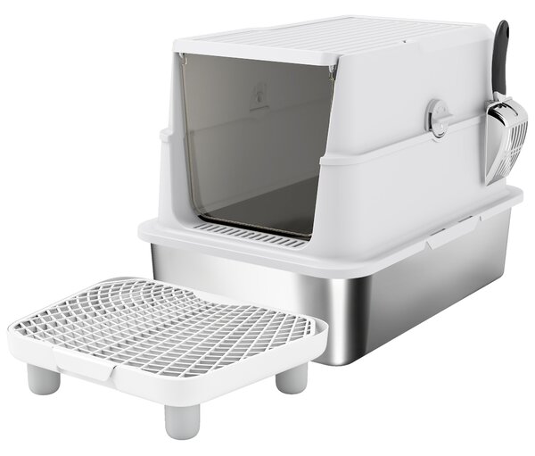 PawHut Lettiera in Acciaio Inossidabile, Interno XL, con Paletta, Grigio Chiaro | Aosom Italy