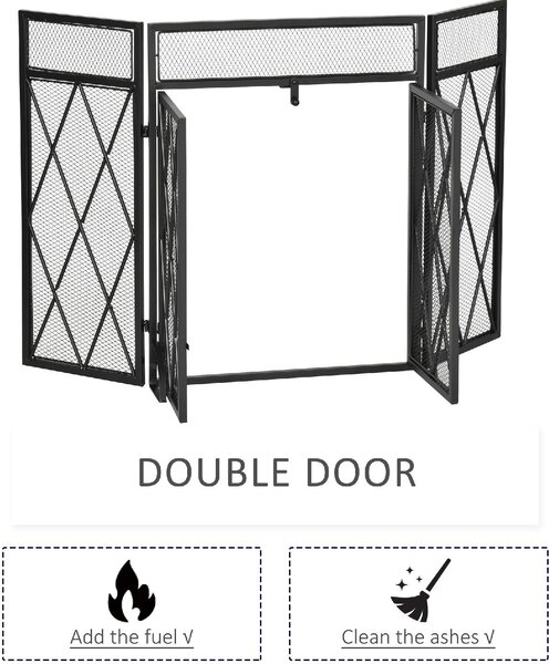 DecHome Parascintille per Camino in Metallo con 3 Pannelli Pieghevoli e 2 Porte 120x11.5x79cm Nero