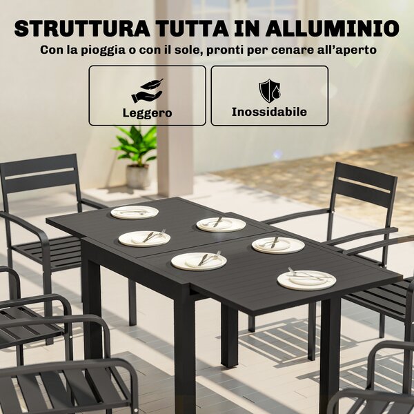 Outsunny Tavolo da Giardino a Doghe Allungabile per 4-6 Persone, in Alluminio, 80-160x80x75 cm, Nero | Aosom Italy