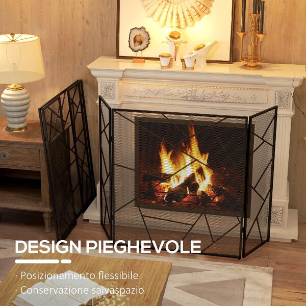 DecHome Parascintille per Camino Pieghevole a 3 Pannelli in Acciaio con Design Geometrico 135x1.2x85cm colore Nero - 520BKS501