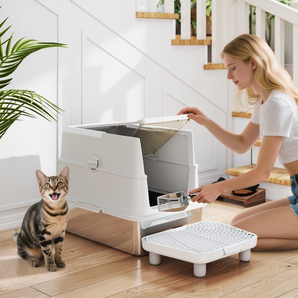 PawHut Lettiera in Acciaio Inossidabile, Interno XL, con Paletta, Grigio Chiaro | Aosom Italy