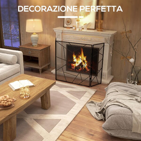 DecHome Parascintille per Camino Pieghevole a 3 Pannelli in Acciaio con Design Geometrico 135x1.2x85cm colore Nero - 520BKS501