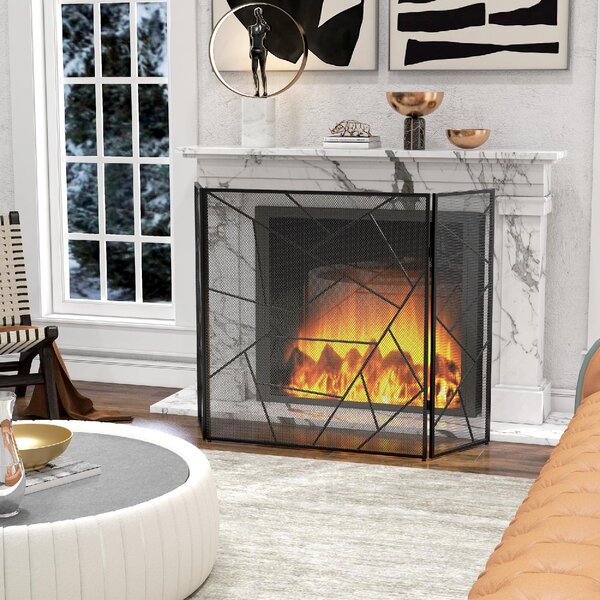 DecHome Parascintille per Camino Pieghevole a 3 Pannelli in Acciaio con Design Geometrico 135x1.2x85cm colore Nero - 520BKS501