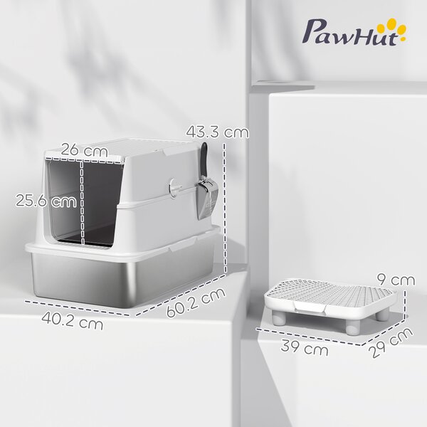 PawHut Lettiera in Acciaio Inossidabile, Interno XL, con Paletta, Grigio Chiaro | Aosom Italy