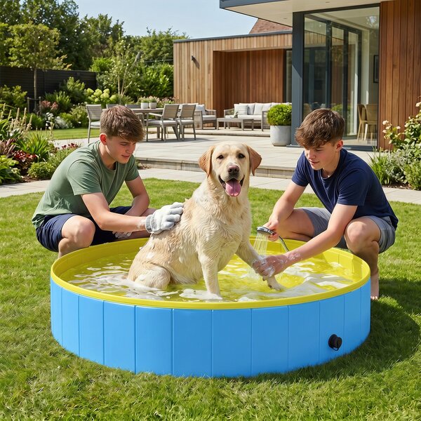 PawHut Piscina Pieghevole per Cani per Taglie Grandi e Extra Grandi, con Fondo Antiscivolo per Anatre, Interno ed Esterno, 160x30 cm, Blu e Giallo | Aosom Italy