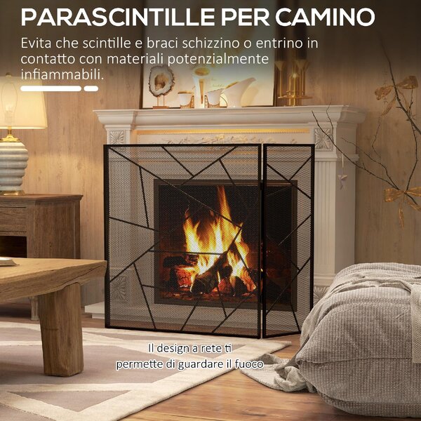 DecHome Parascintille per Camino Pieghevole a 3 Pannelli in Acciaio con Design Geometrico 135x1.2x85cm colore Nero - 520BKS501