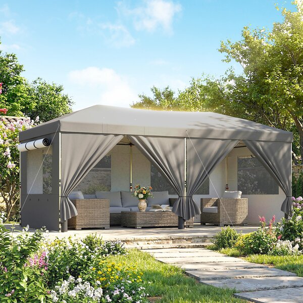 Outsunny Gazebo Pieghevole 3x6m Pop Up con 6 Pareti Laterali, Gazebo da Giardino Altezza Regolabile con Sacchi di Sabbia, Borsa a Ruote, UV50+ per Esterno Feste, Grigio Scuro | Aosom Italy
