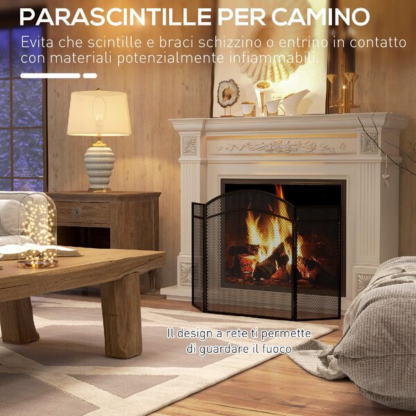 DecHome Parascintille per Camino Pieghevole a 3 Pannelli in Metallo con Design Classico 96x60cm colore Nero - 280BKS502