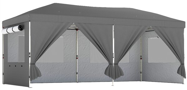 Outsunny Gazebo Pieghevole 3x6m Pop Up con 6 Pareti Laterali, Gazebo da Giardino Altezza Regolabile con Sacchi di Sabbia, Borsa a Ruote, UV50+ per Esterno Feste, Grigio Scuro | Aosom Italy