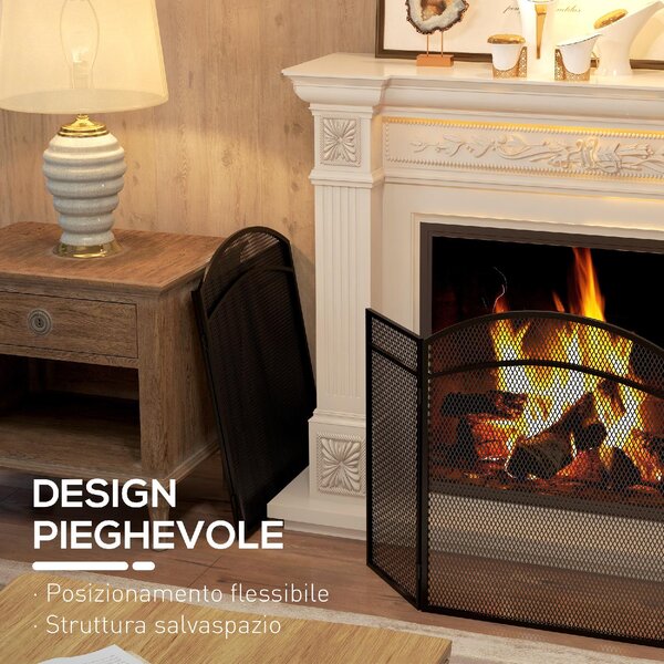 DecHome Parascintille per Camino Pieghevole a 3 Pannelli in Metallo con Design Classico 96x60cm colore Nero - 280BKS502