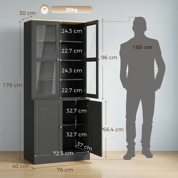 HOMCOM Libreria Vetrina, Mobile Contenitore a 6 Livelli con 4 Ante di cui 2 in Vetro Temperato e Ripiani Regolabili, Nero | Aosom Italy