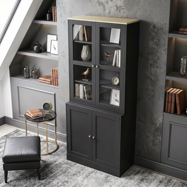 HOMCOM Libreria Vetrina, Mobile Contenitore a 6 Livelli con 4 Ante di cui 2 in Vetro Temperato e Ripiani Regolabili, Nero | Aosom Italy