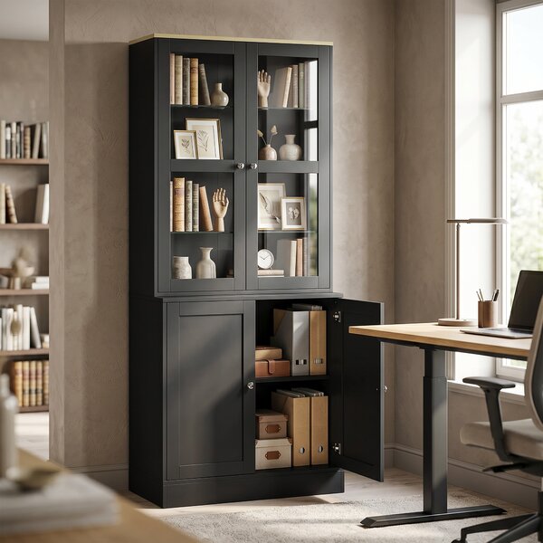 HOMCOM Libreria Vetrina, Mobile Contenitore a 6 Livelli con 4 Ante di cui 2 in Vetro Temperato e Ripiani Regolabili, Nero | Aosom Italy