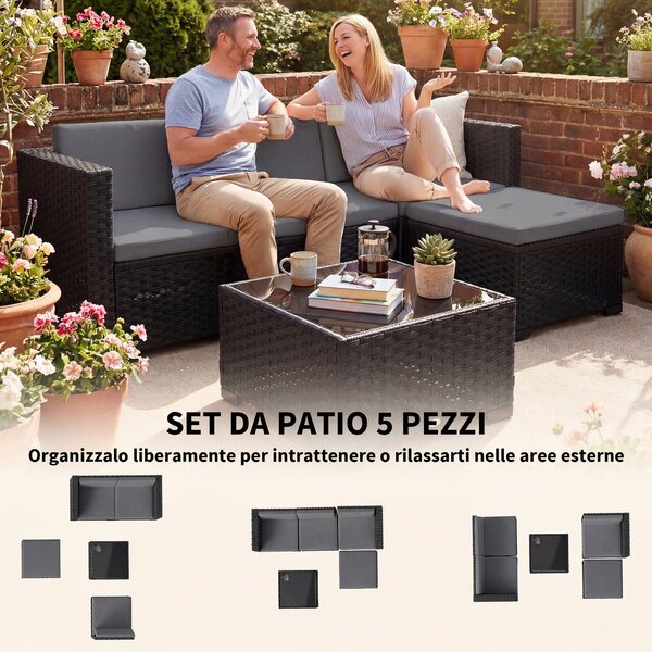 Outsunny Set da Giardino 5 pz Modulare con Poggiapiedi e Tavolino, in Rattan PE Grigio | Aosom Italy