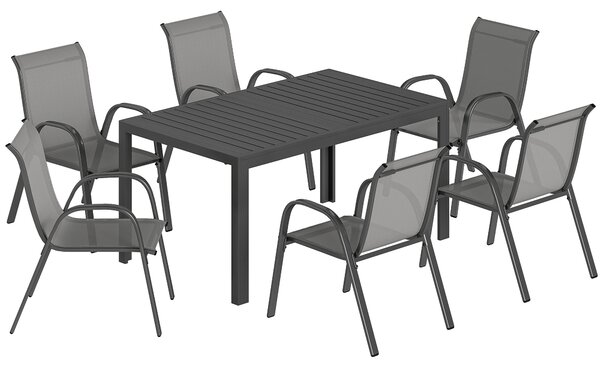 Set 7 Pezzi da Esterno con Tavolo Rettangolare in Acciaio e 6 Sedie Impilabili in Texteline Grigio Chiaro
